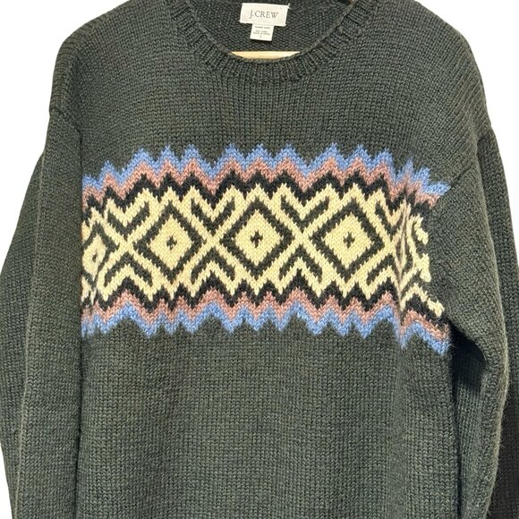J. Crew Wool Fair Isle Nordic Style Crewneck Dark Green Ski Sweater Mens Large - Picture 4 of 8